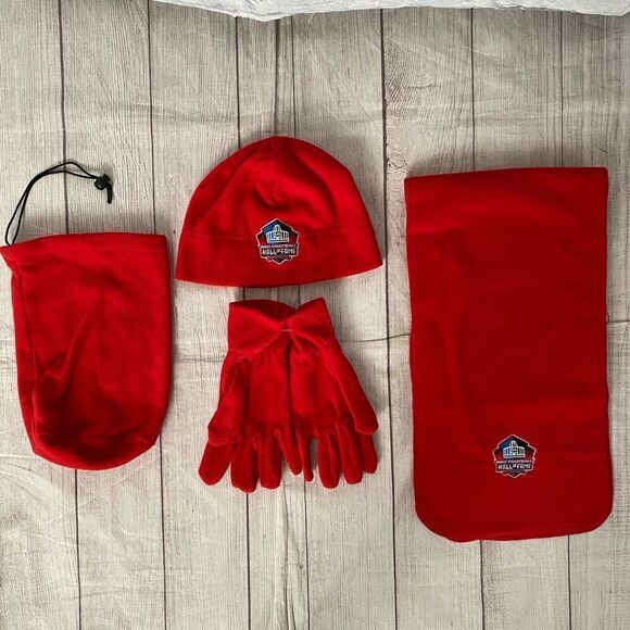 Pro football Hall of Fame winter hat & gloves set w/cinch sack red brand new - Picture 1 of 6